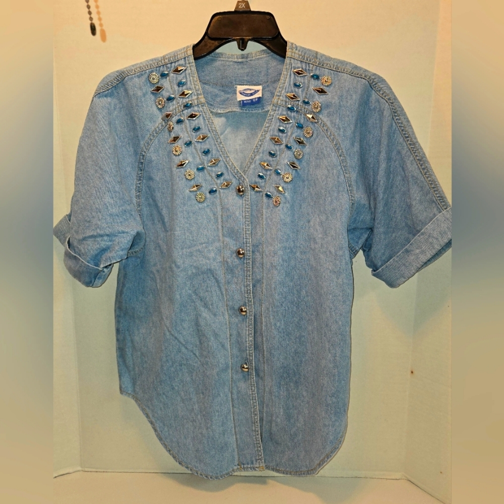 Vintage Women Size 12 Blue Denim Jean Shirt Jeweled Studs made in USA
